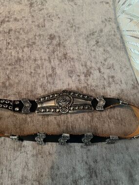 Vintage Black Leather Belt with Silver Floral Conchos and Studs 33” heavy